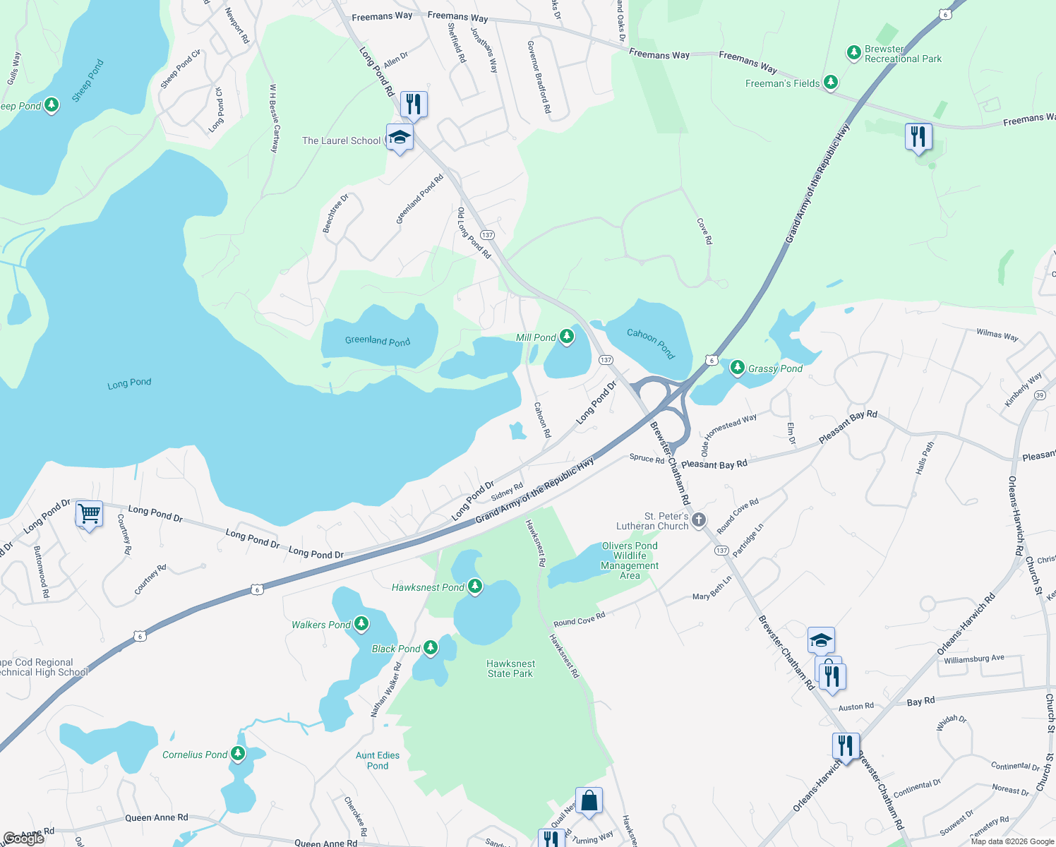 map of restaurants, bars, coffee shops, grocery stores, and more near 20 Cahoon Rd in Harwich