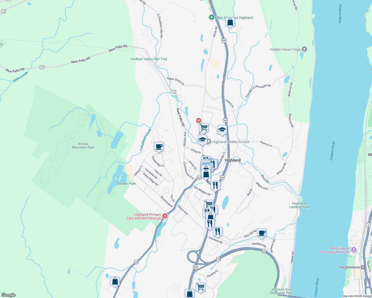 map of restaurants, bars, coffee shops, grocery stores, and more near 20 Elting Place in Highland