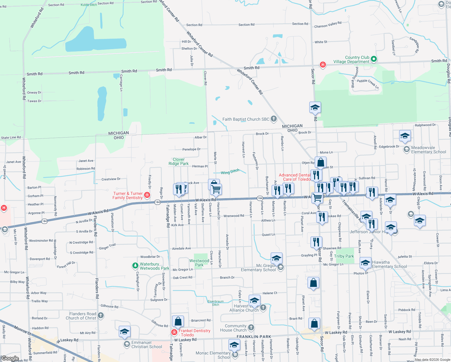 map of restaurants, bars, coffee shops, grocery stores, and more near 5901 Meteor Avenue in Toledo