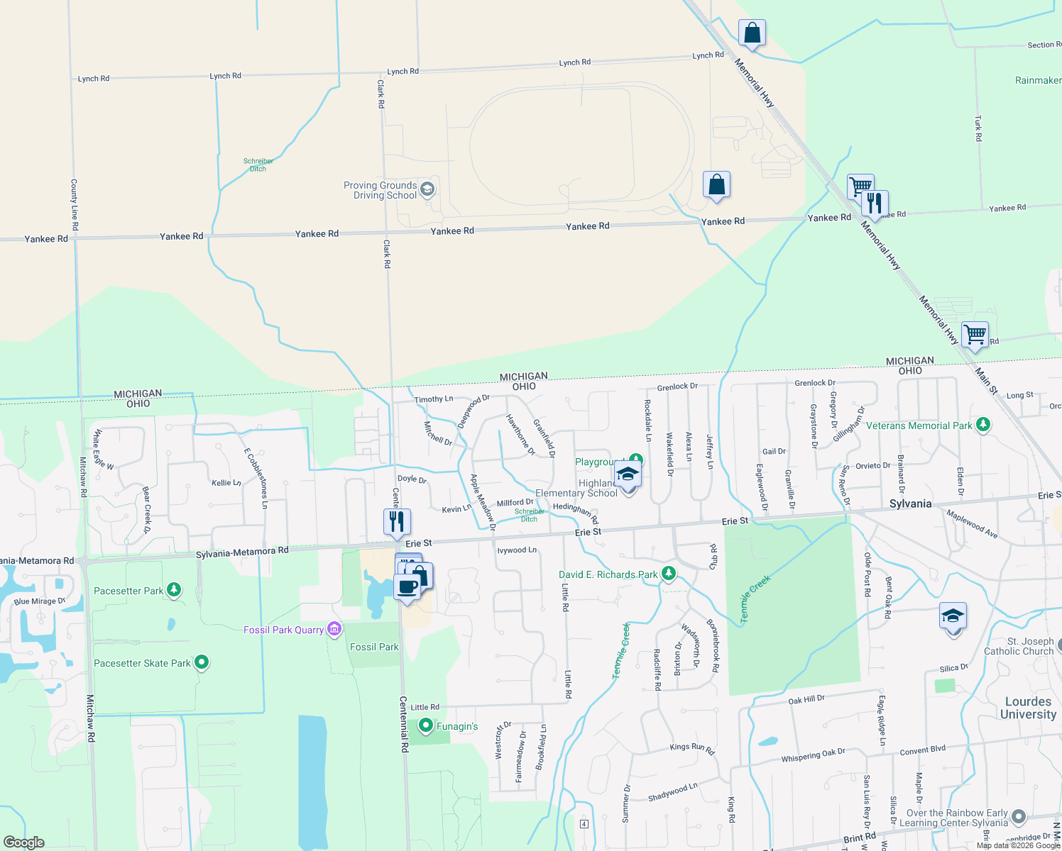 map of restaurants, bars, coffee shops, grocery stores, and more near 6055 Grainfield Dr in Sylvania