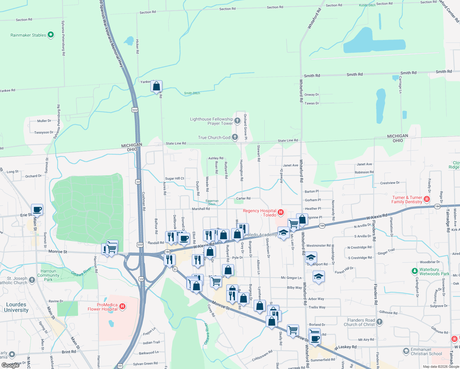 map of restaurants, bars, coffee shops, grocery stores, and more near 5928 Rudyard Road in Sylvania