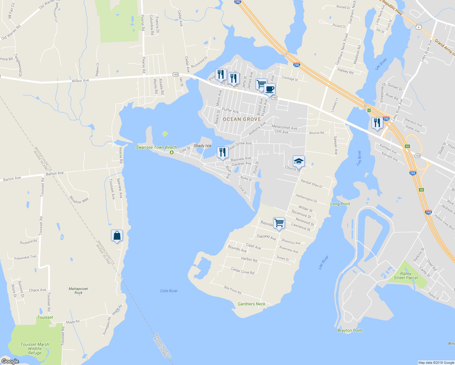 map of restaurants, bars, coffee shops, grocery stores, and more near 76 Bluff Avenue in Swansea