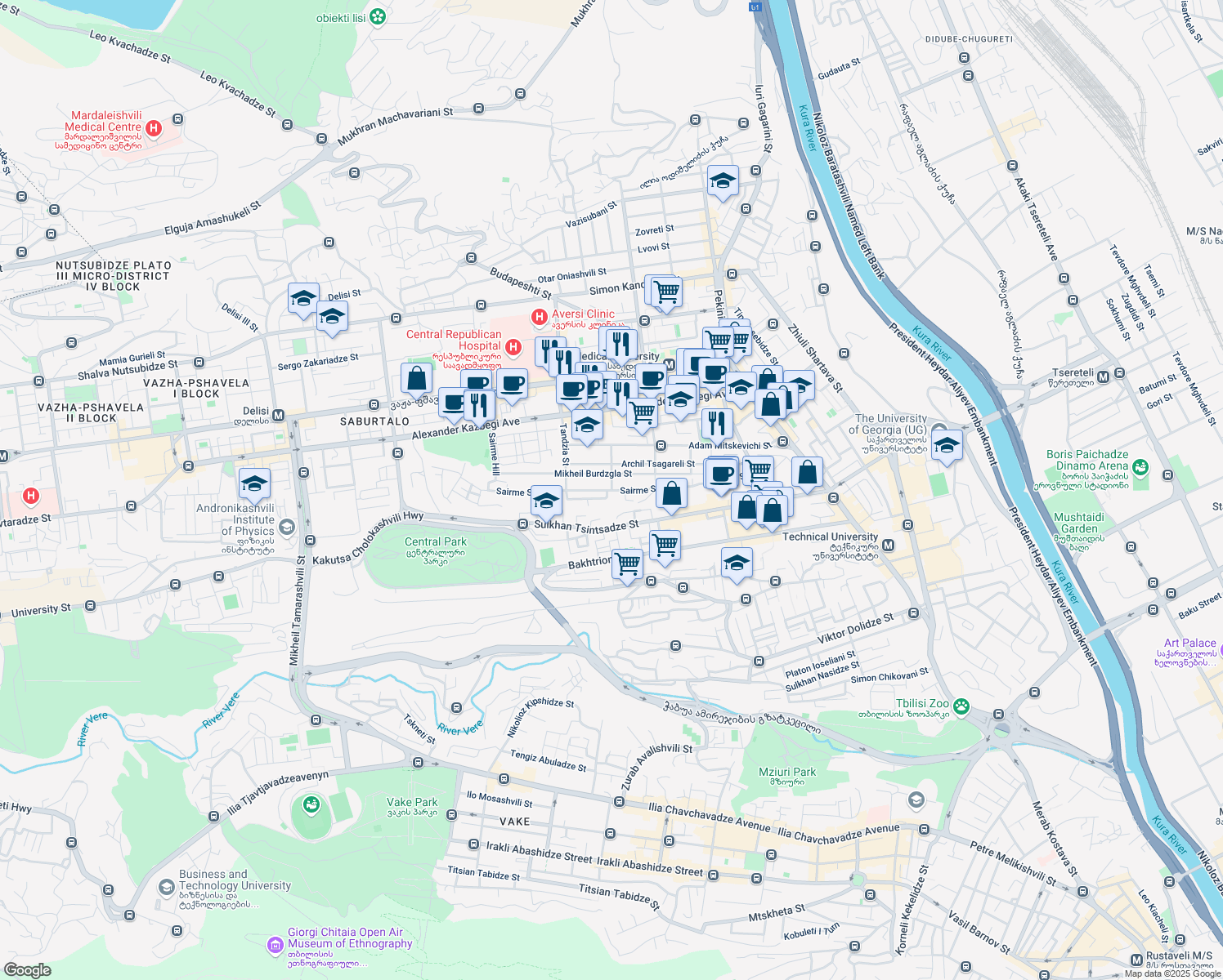 map of restaurants, bars, coffee shops, grocery stores, and more near Sairme Street in Tbilisi
