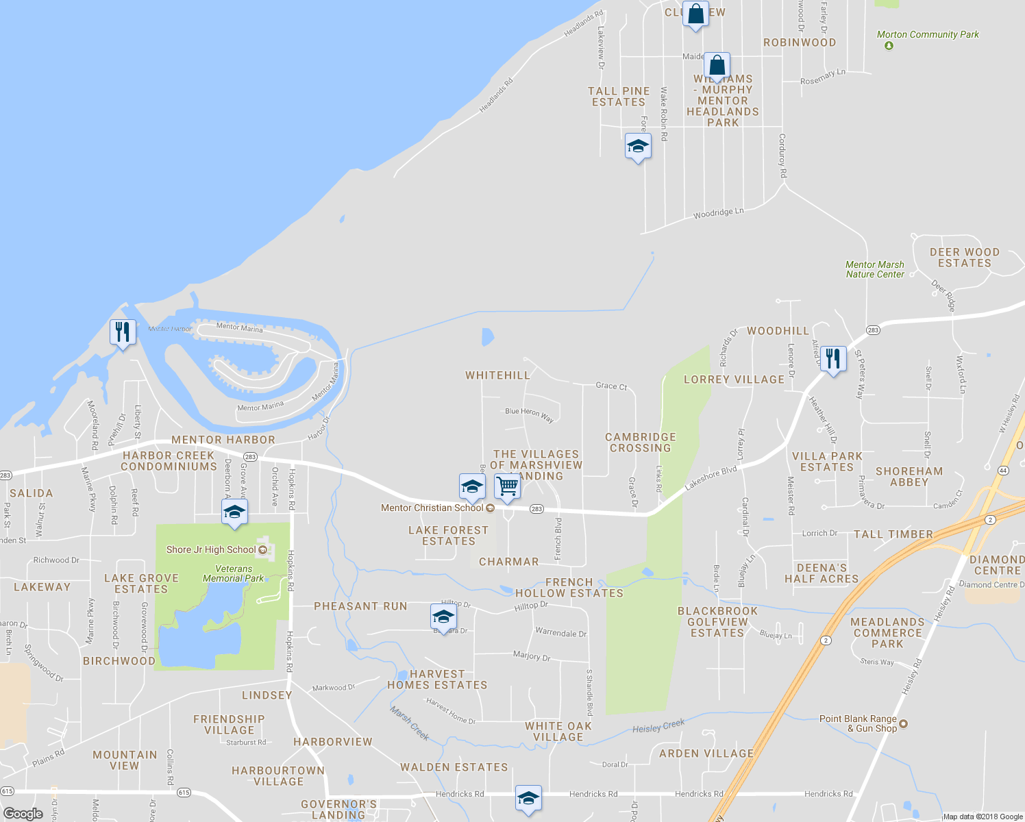map of restaurants, bars, coffee shops, grocery stores, and more near 8715 Blue Heron Way in Mentor