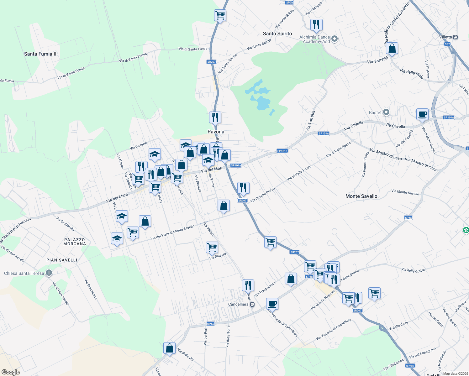 map of restaurants, bars, coffee shops, grocery stores, and more near 13 Via Nettunense in Albano Laziale