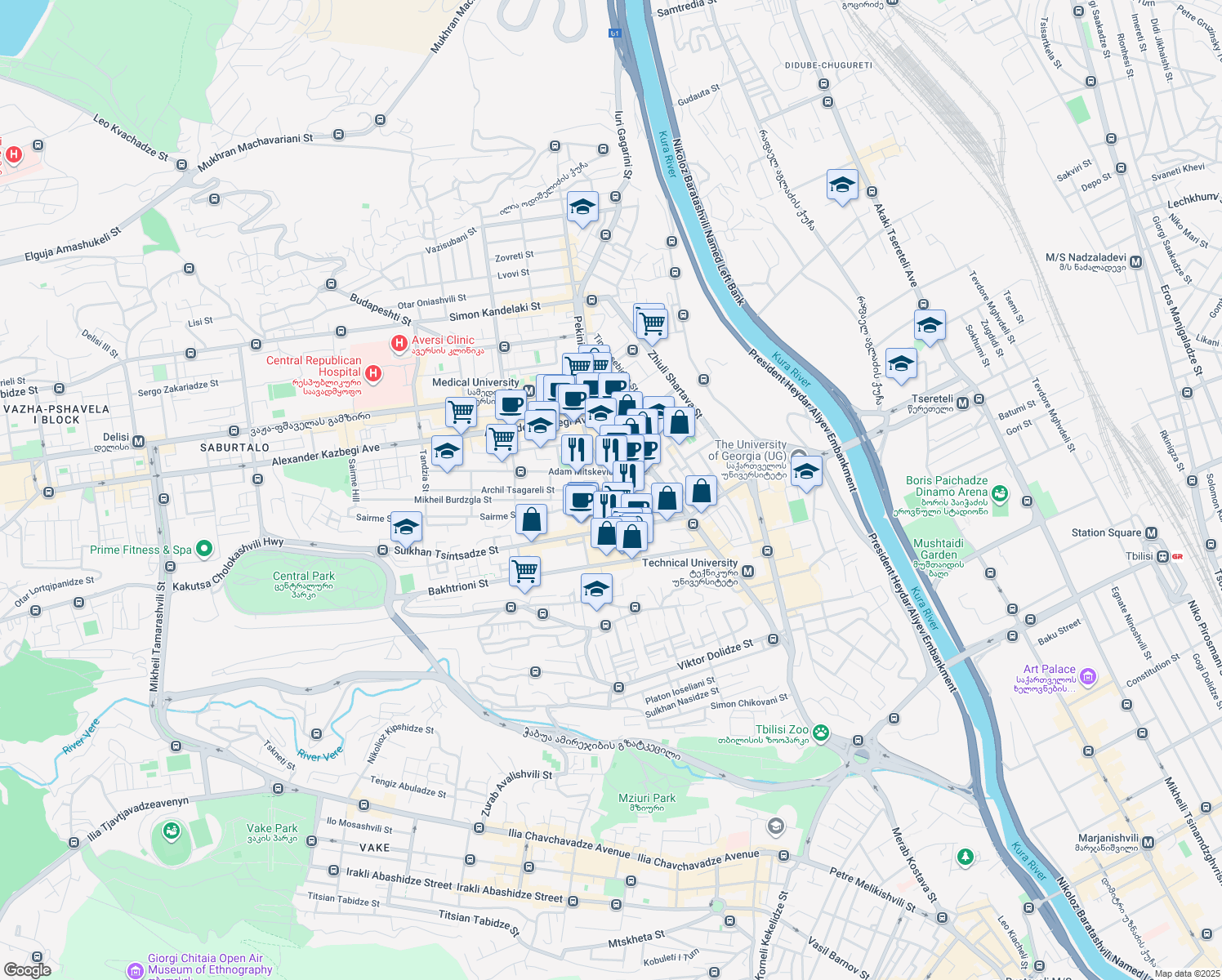 map of restaurants, bars, coffee shops, grocery stores, and more near Davit Gamrekeli Street in Tbilisi