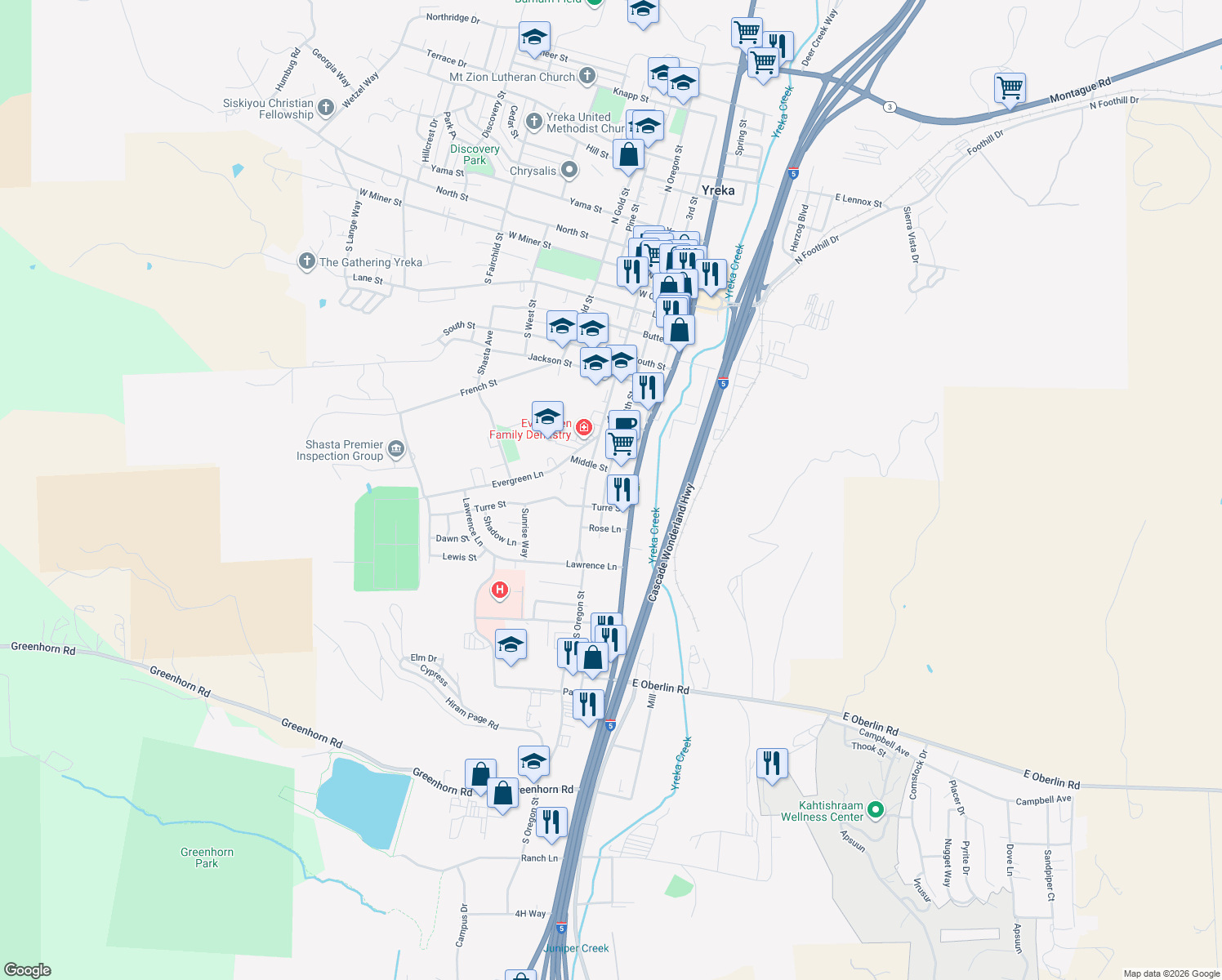 map of restaurants, bars, coffee shops, grocery stores, and more near 918 4th Street in Yreka
