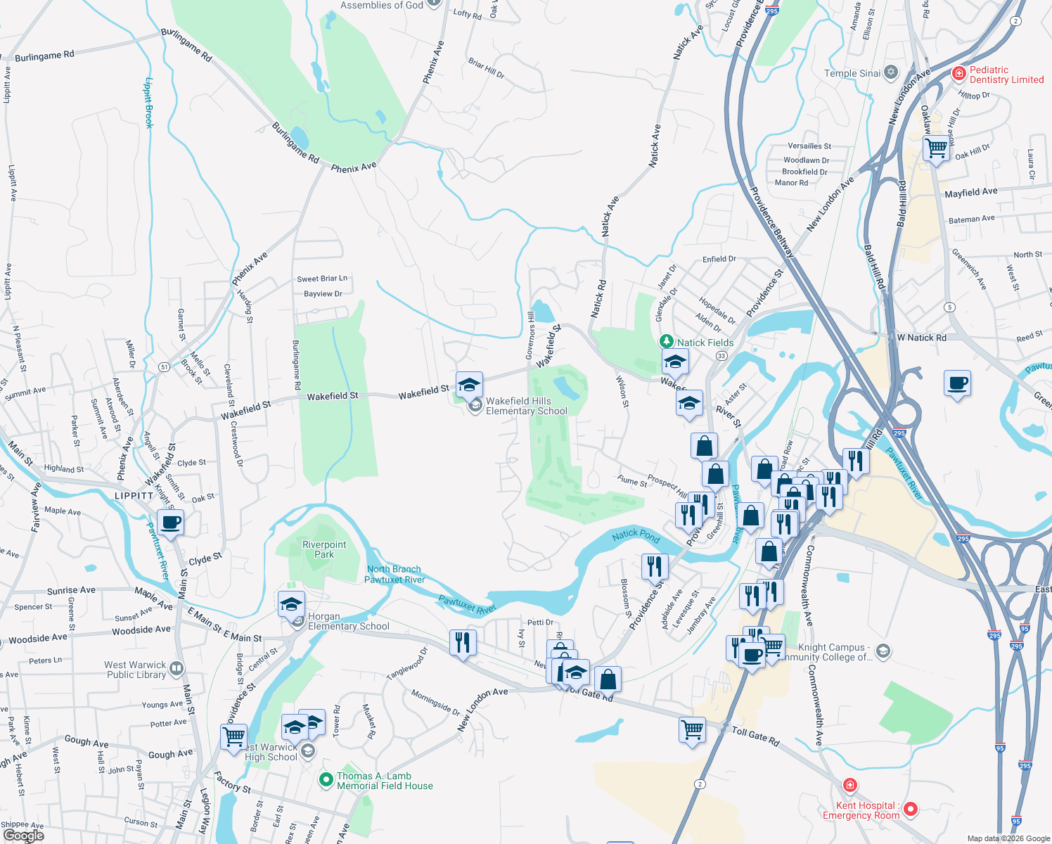 map of restaurants, bars, coffee shops, grocery stores, and more near 49 Lombardi Lane in West Warwick