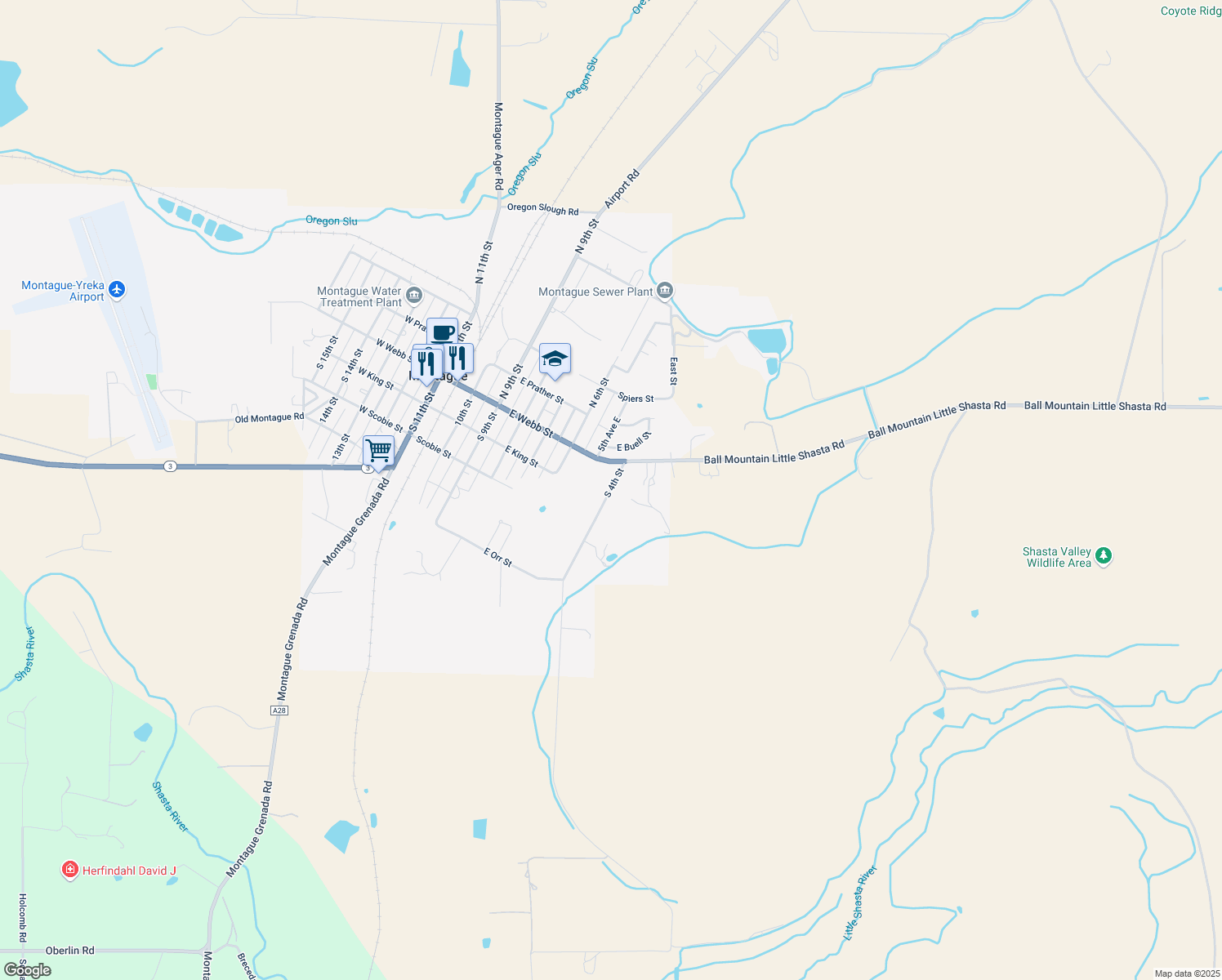 map of restaurants, bars, coffee shops, grocery stores, and more near 397 S 4th St in Montague
