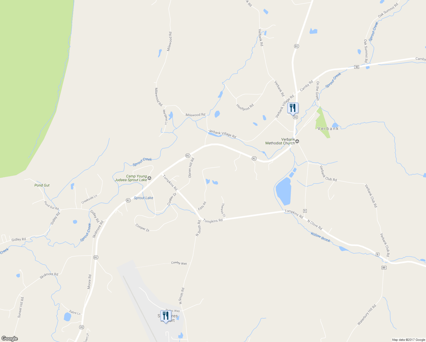 map of restaurants, bars, coffee shops, grocery stores, and more near 89 Eddy Road in Verbank
