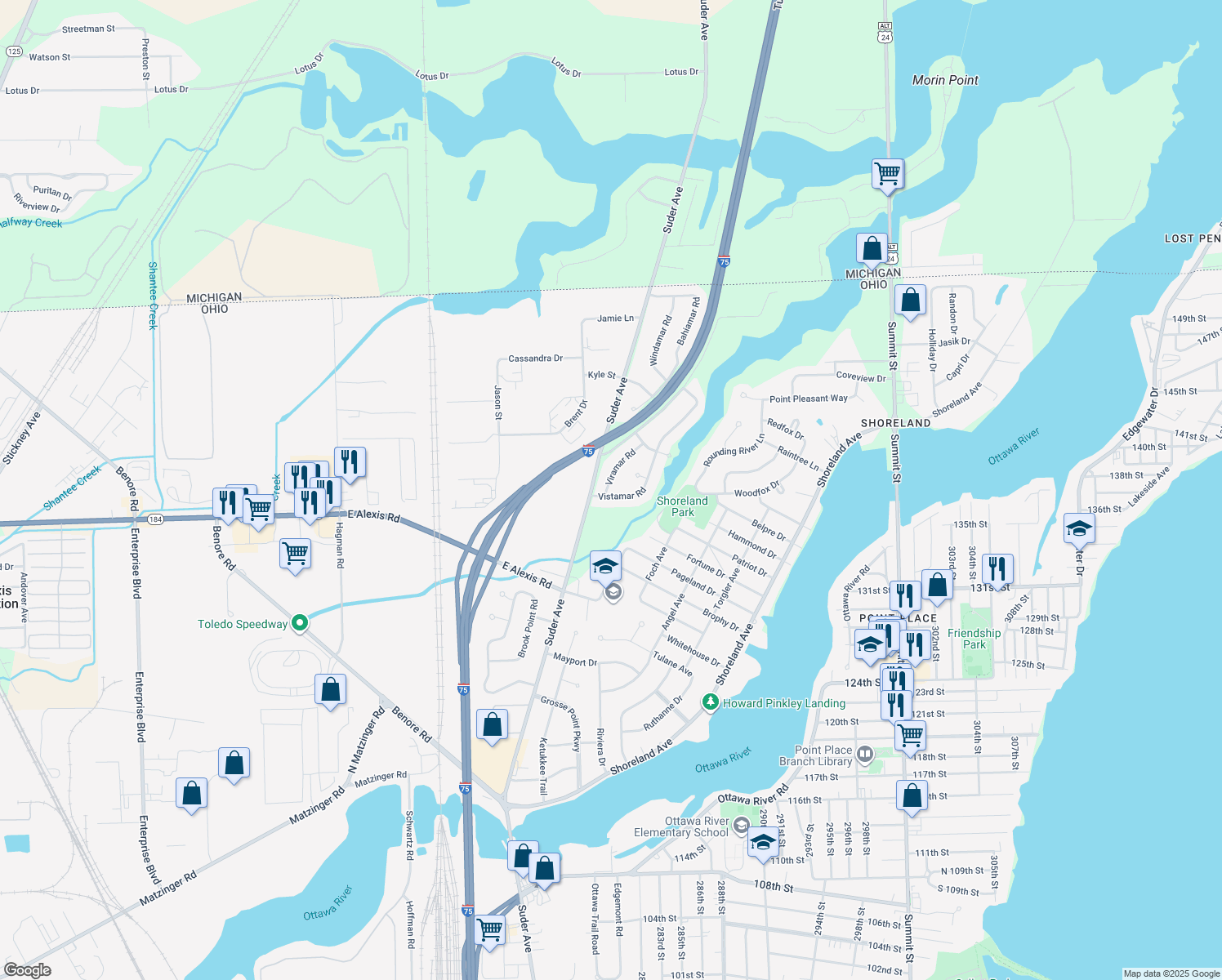 map of restaurants, bars, coffee shops, grocery stores, and more near 5806 Viramar Rd in Toledo