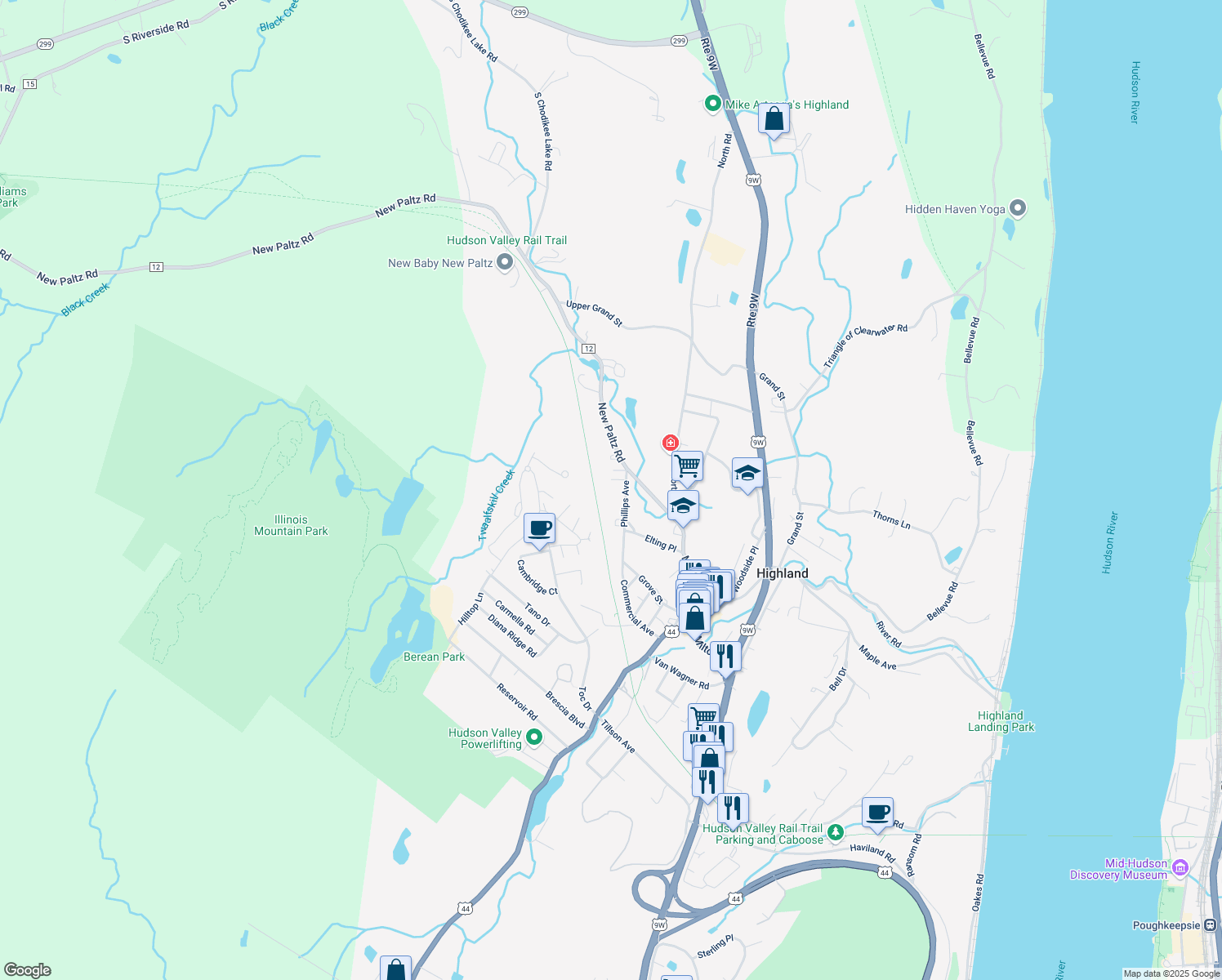 map of restaurants, bars, coffee shops, grocery stores, and more near 50 Phillips Ave in Highland