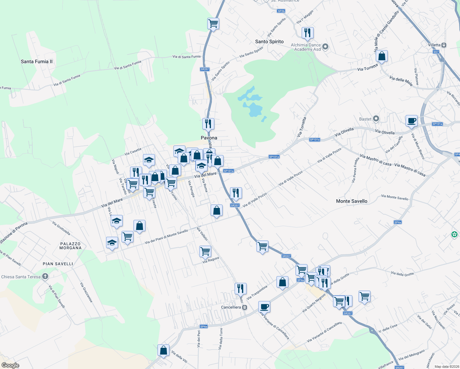 map of restaurants, bars, coffee shops, grocery stores, and more near 13 Via Nettunense in Albano Laziale