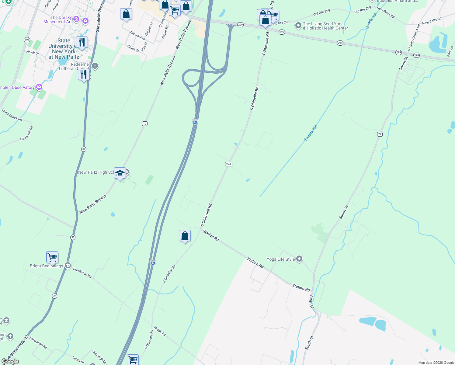 map of restaurants, bars, coffee shops, grocery stores, and more near 134 South Ohioville Road in New Paltz