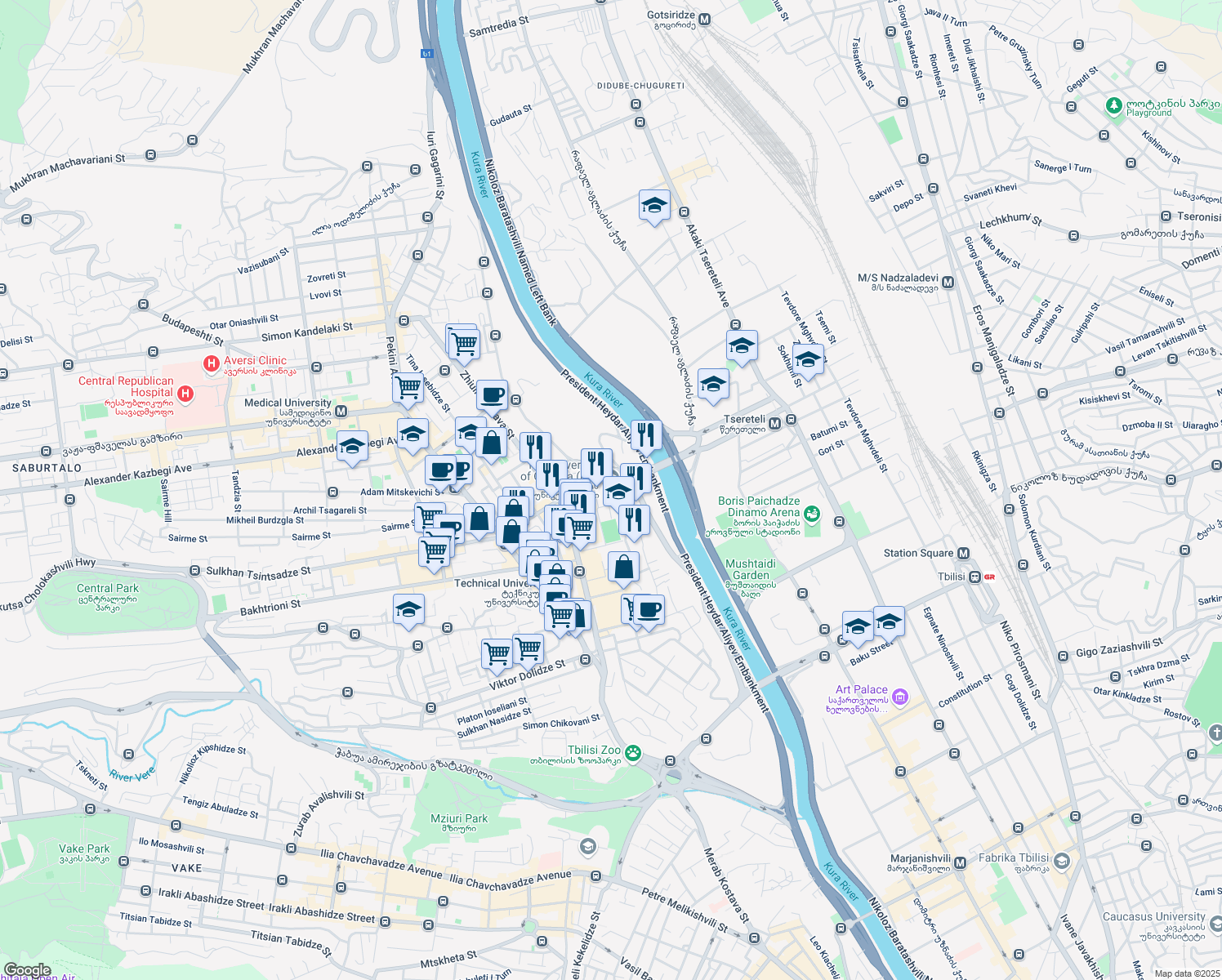 map of restaurants, bars, coffee shops, grocery stores, and more near Merab Kostava Street in Tbilisi