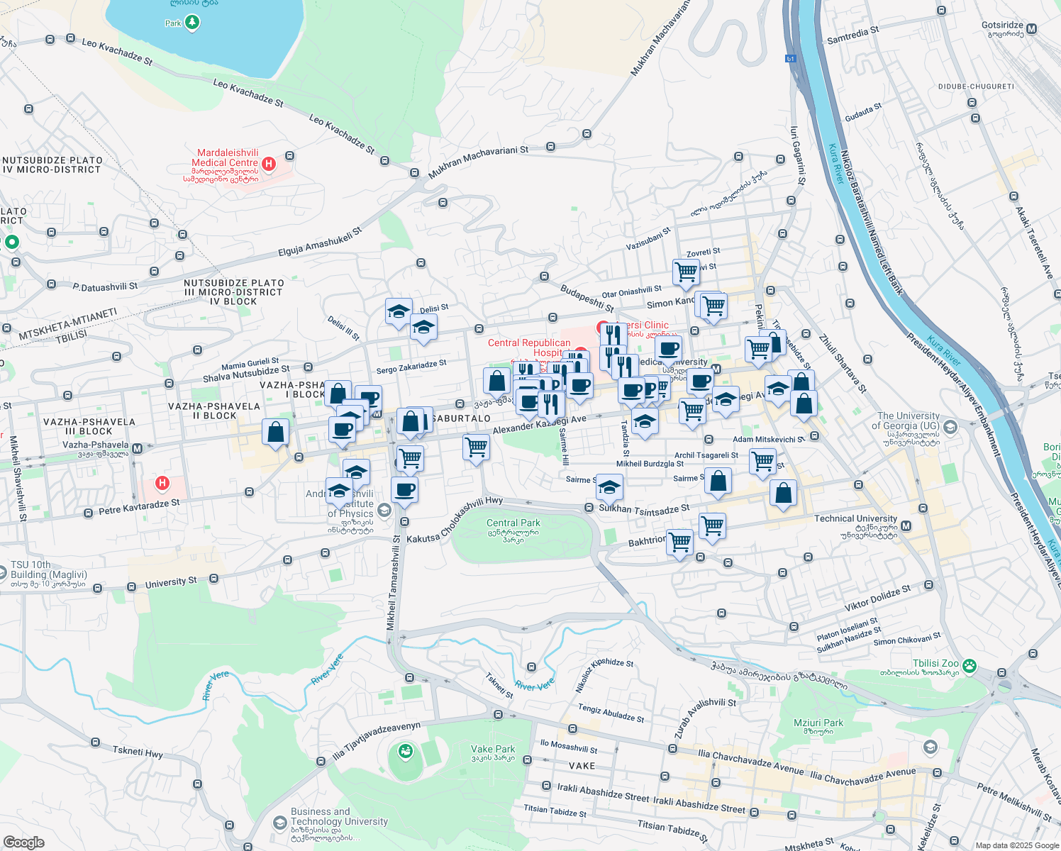 map of restaurants, bars, coffee shops, grocery stores, and more near Aleqsandre Kazbegi Avenue in Tbilisi