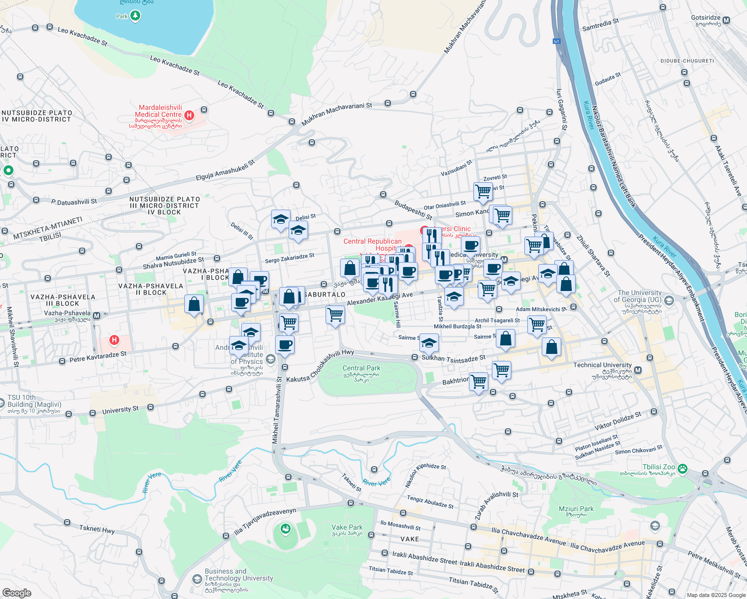 map of restaurants, bars, coffee shops, grocery stores, and more near 18 Alexander Kazbegi Avenue in Tbilisi