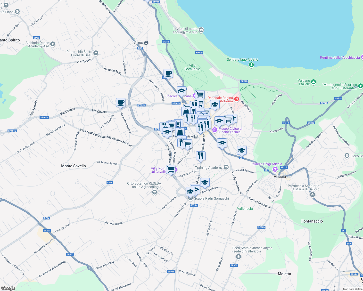 map of restaurants, bars, coffee shops, grocery stores, and more near 46 Via G. Rossini in Albano Laziale
