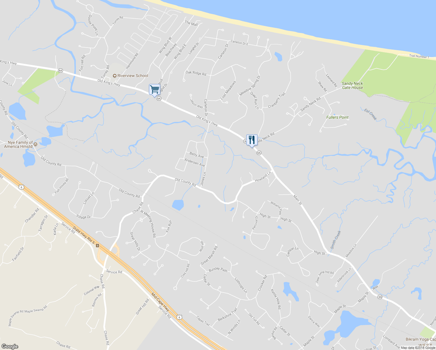 map of restaurants, bars, coffee shops, grocery stores, and more near 247 Old County Road in Sandwich