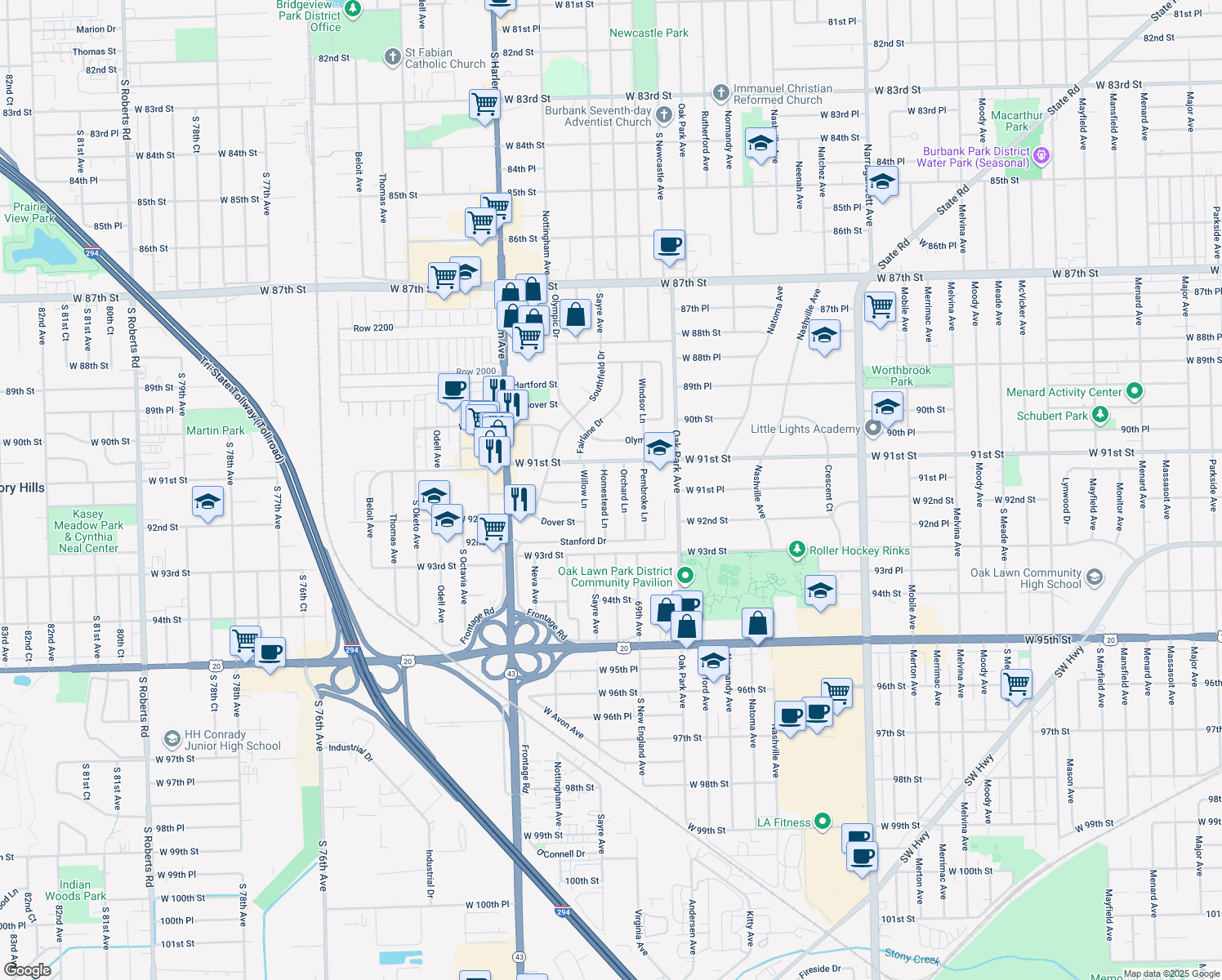 map of restaurants, bars, coffee shops, grocery stores, and more near 9137 Homestead Ln in Bridgeview