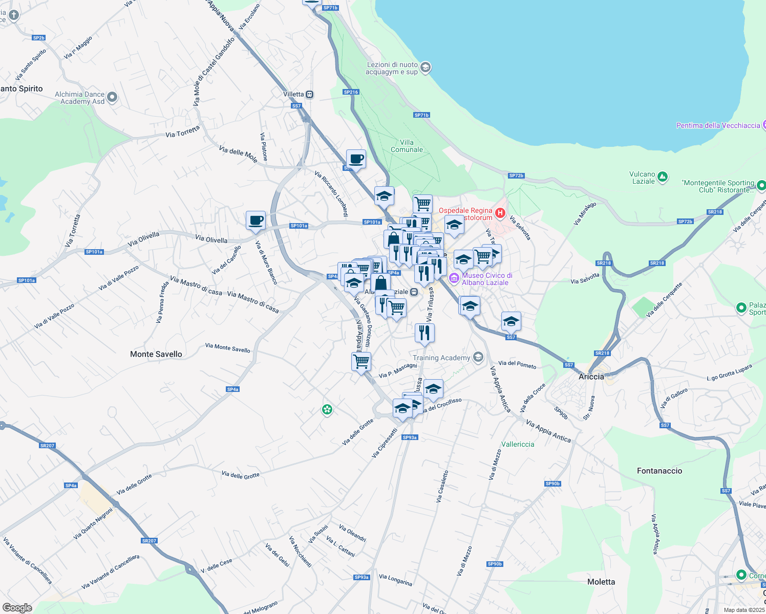 map of restaurants, bars, coffee shops, grocery stores, and more near 46 Via G. Rossini in Albano Laziale