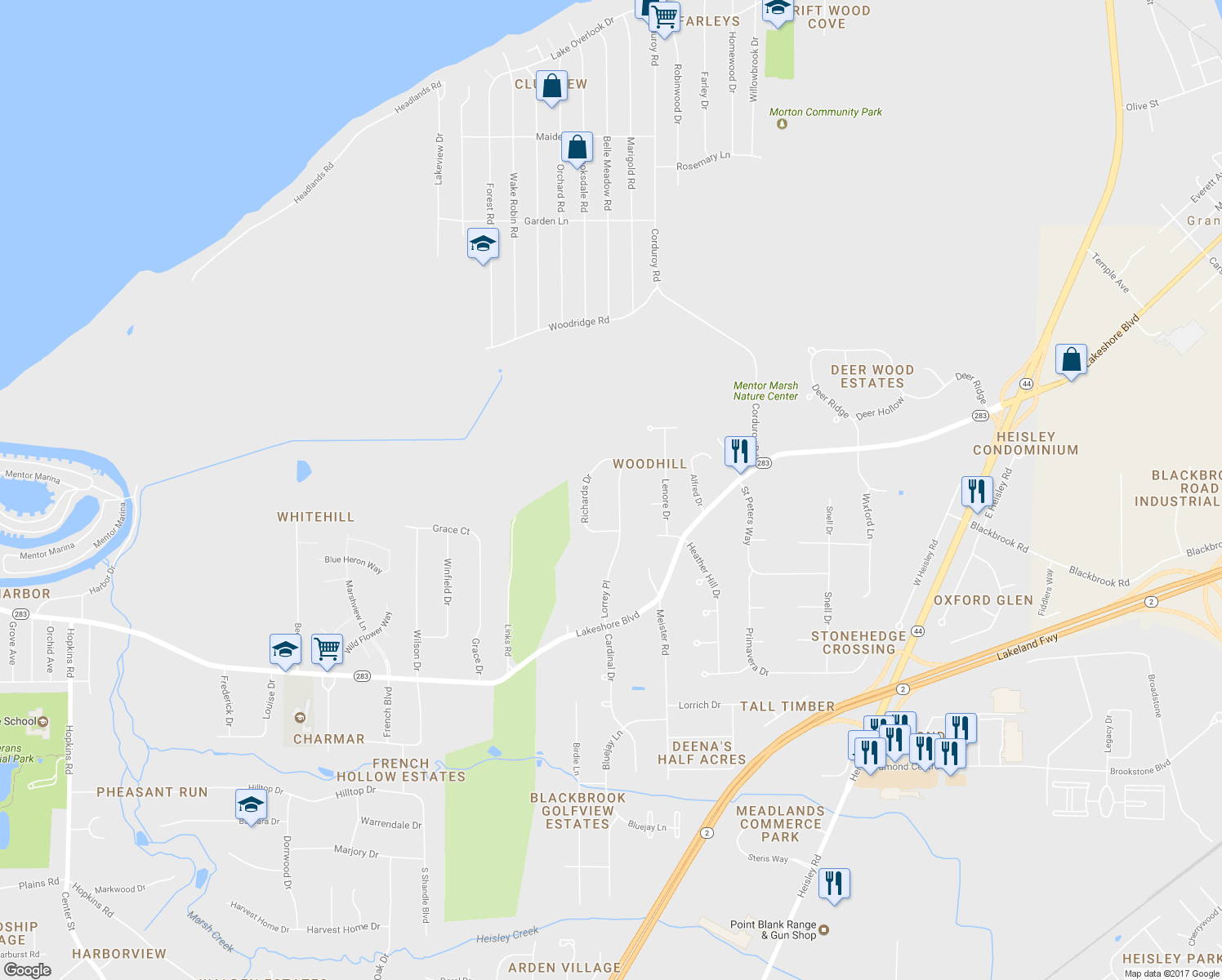 map of restaurants, bars, coffee shops, grocery stores, and more near 5342 Lorrey Place in Mentor