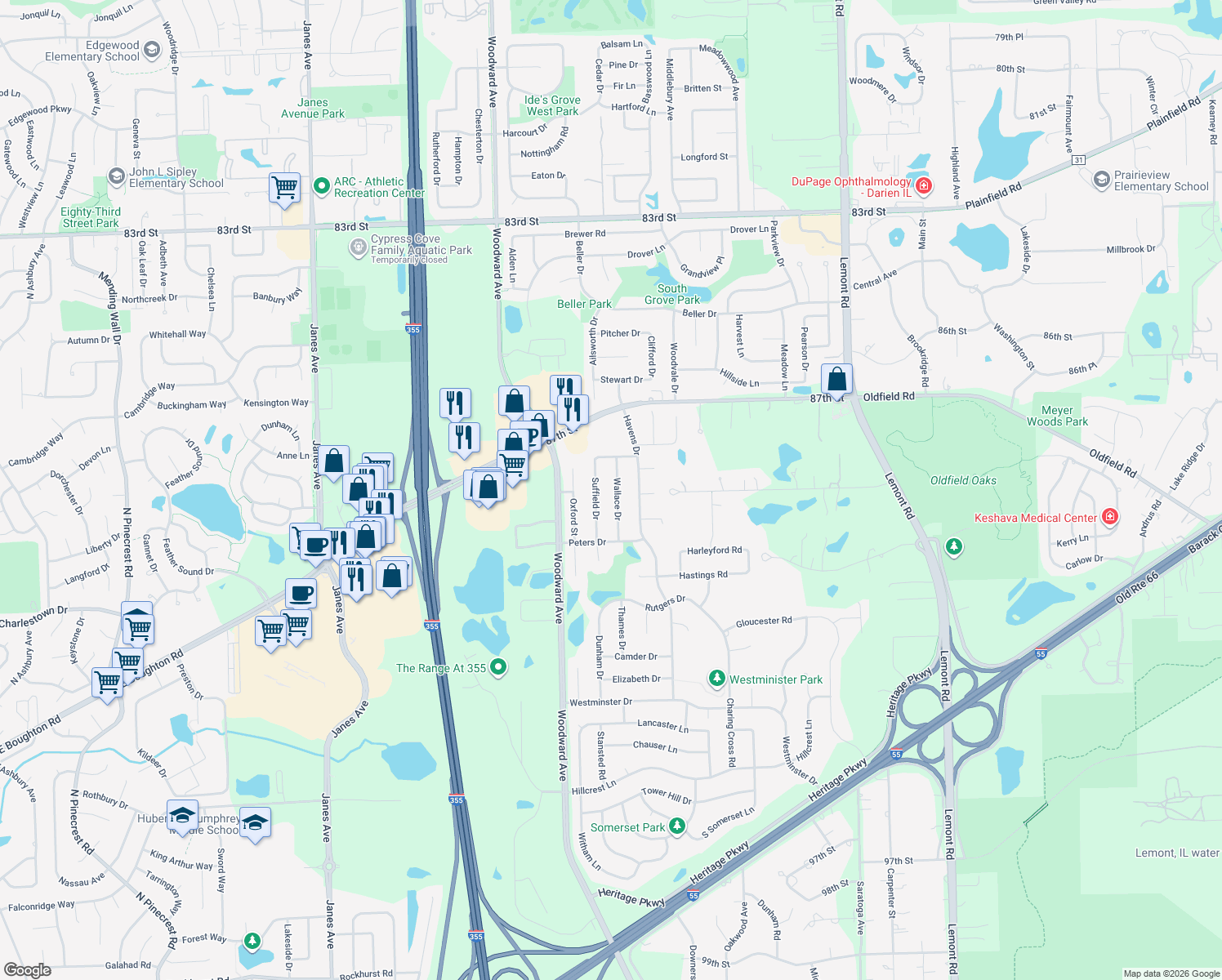 map of restaurants, bars, coffee shops, grocery stores, and more near 10S180 Wallace Dr in Downers Grove