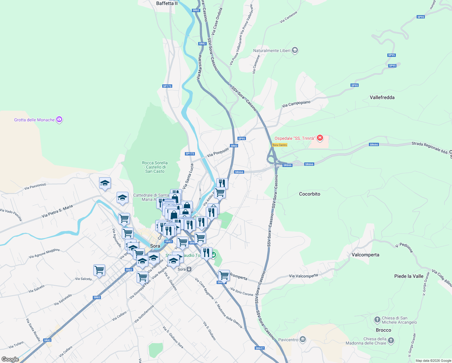 map of restaurants, bars, coffee shops, grocery stores, and more near 1323 Via Marsicana in Sora
