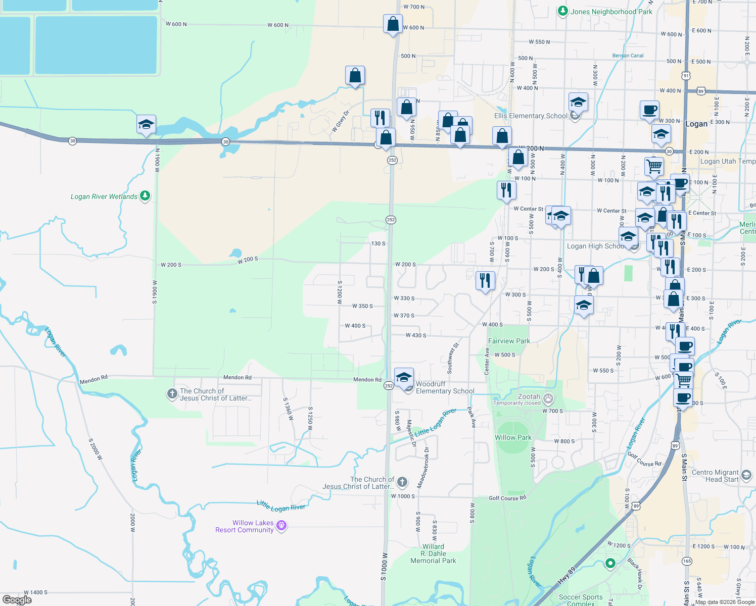 map of restaurants, bars, coffee shops, grocery stores, and more near 1045 West 350 South in Logan