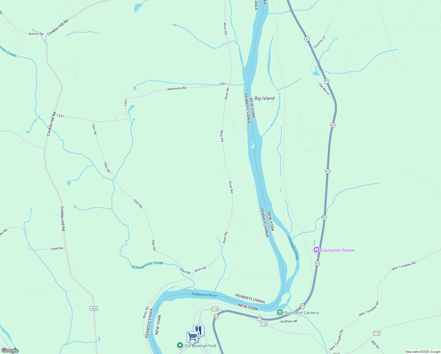 map of restaurants, bars, coffee shops, grocery stores, and more near River Road in Wayne County