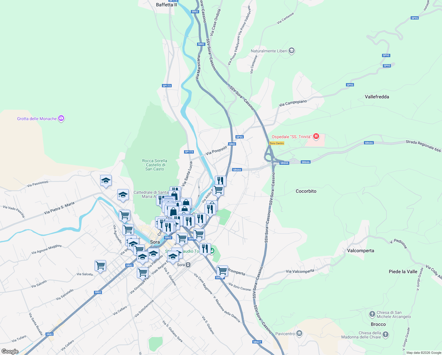map of restaurants, bars, coffee shops, grocery stores, and more near 1323 Via Marsicana in Sora