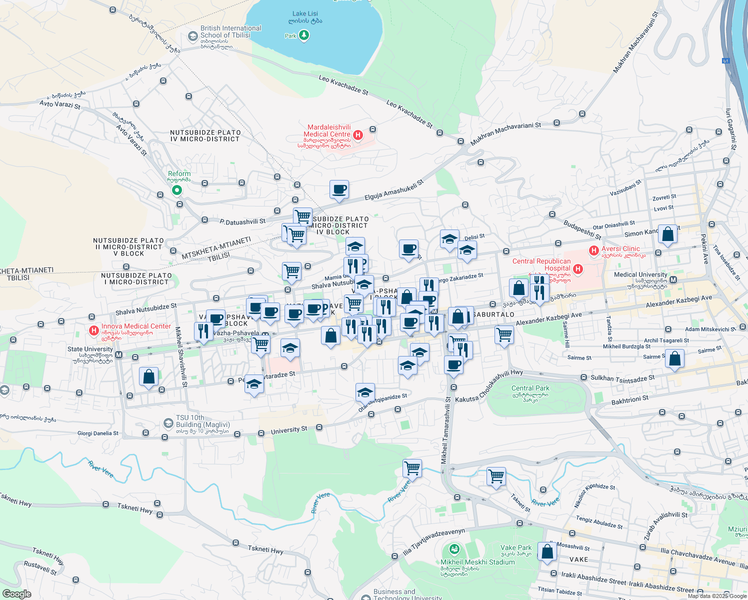 map of restaurants, bars, coffee shops, grocery stores, and more near Tengiz Buachidze Street in Tbilisi