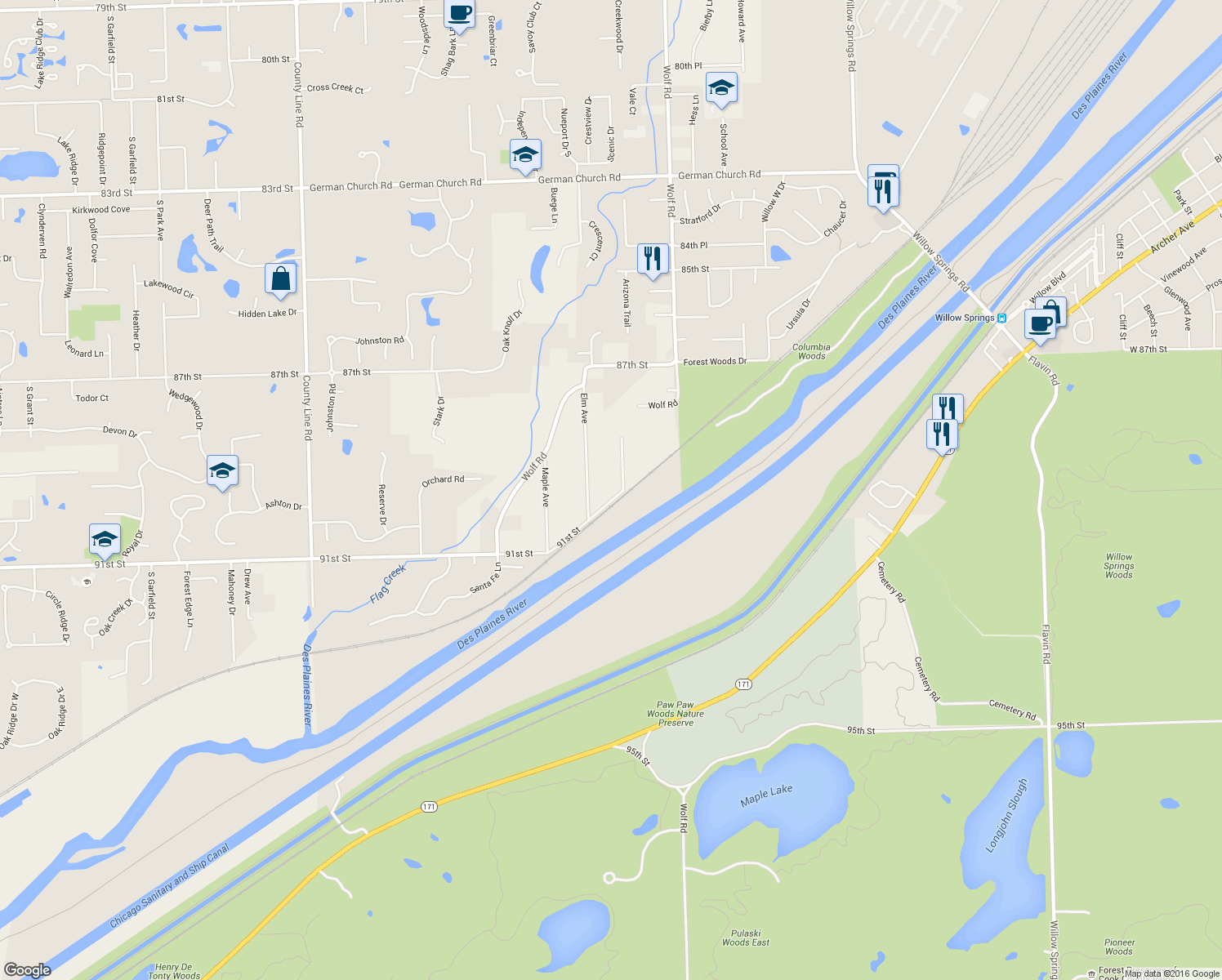 map of restaurants, bars, coffee shops, grocery stores, and more near 11300 91st Street in Burr Ridge
