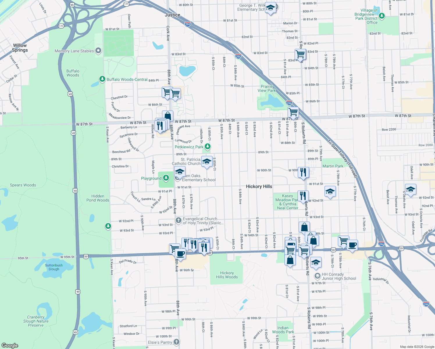 map of restaurants, bars, coffee shops, grocery stores, and more near 9017 South 85th Court in Hickory Hills