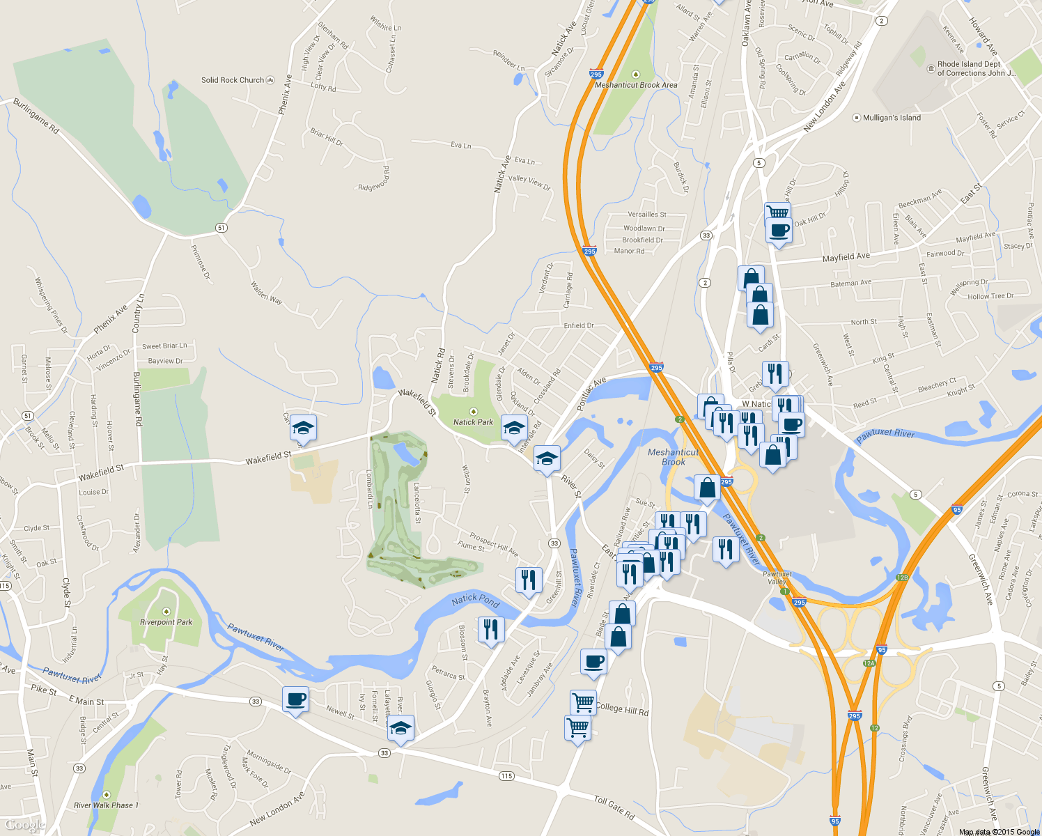 map of restaurants, bars, coffee shops, grocery stores, and more near 67 Crossland Rd in West Warwick