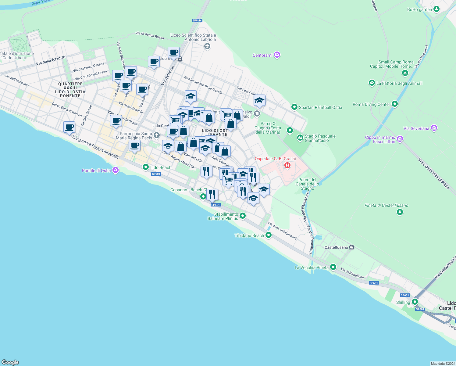 map of restaurants, bars, coffee shops, grocery stores, and more near 42 Via Desiderato Pietri in Lido di Ostia