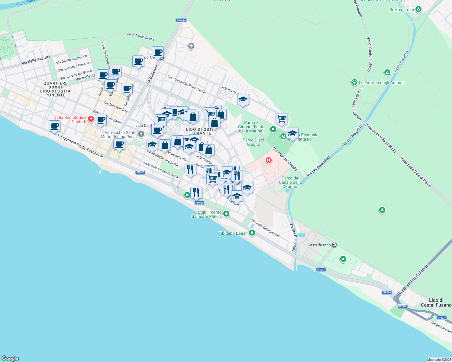 map of restaurants, bars, coffee shops, grocery stores, and more near 16 Viale Vega in Lido di Ostia