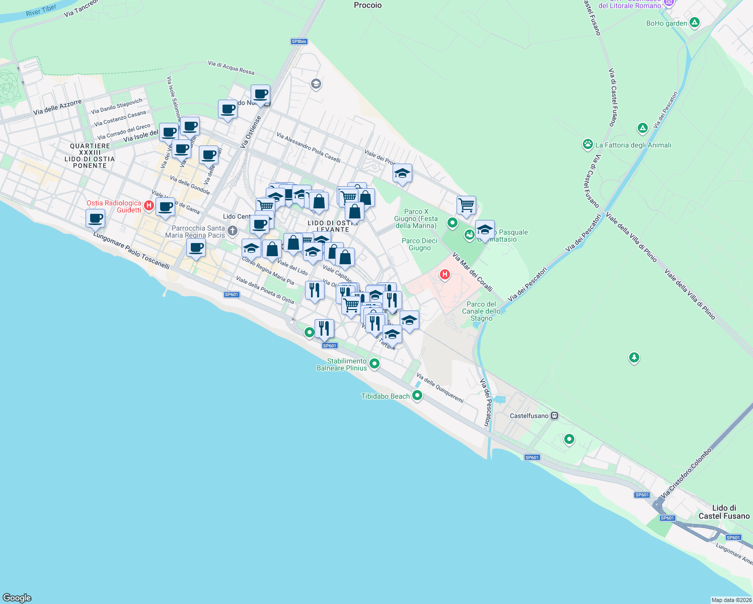 map of restaurants, bars, coffee shops, grocery stores, and more near 16 Viale Vega in Lido di Ostia