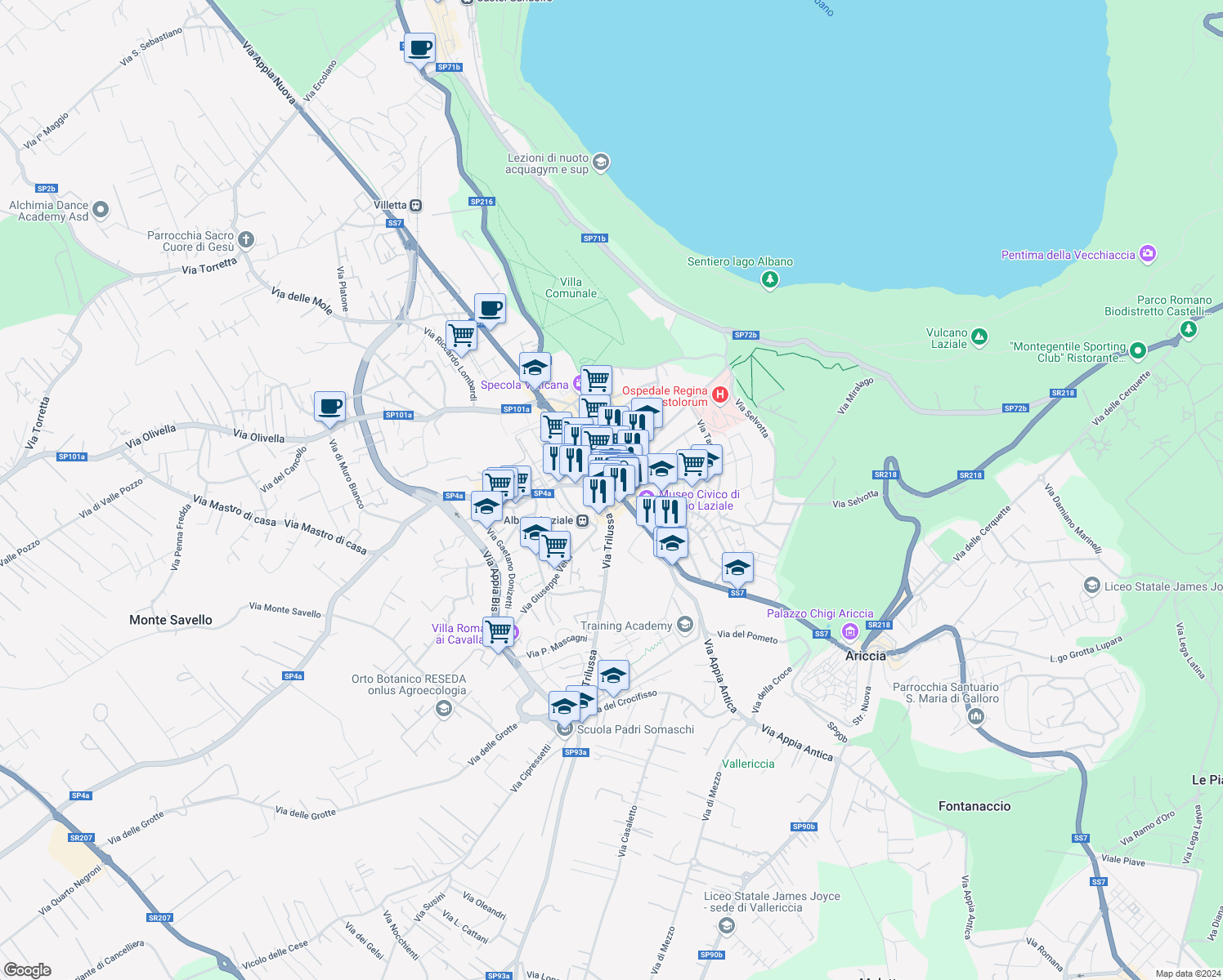 map of restaurants, bars, coffee shops, grocery stores, and more near 6 Borgo Garibaldi in Albano Laziale