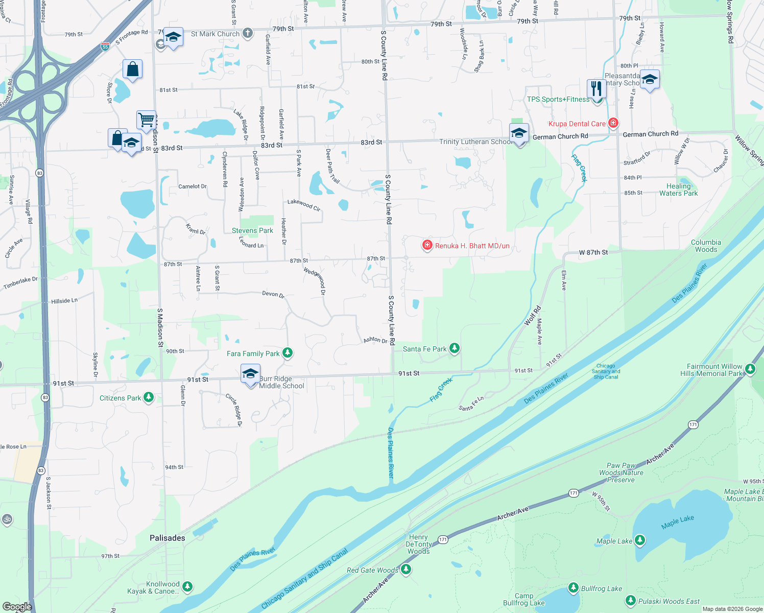 map of restaurants, bars, coffee shops, grocery stores, and more near 8850 South County Line Road in Burr Ridge