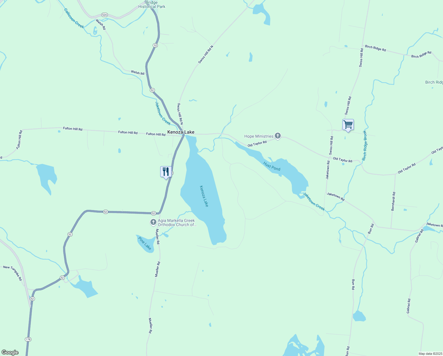 map of restaurants, bars, coffee shops, grocery stores, and more near 250 Kenoza Trail in Kenoza Lake