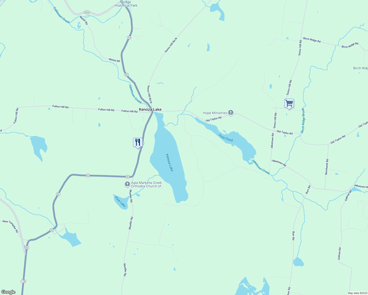 map of restaurants, bars, coffee shops, grocery stores, and more near 250 Kenoza Trail in Kenoza Lake