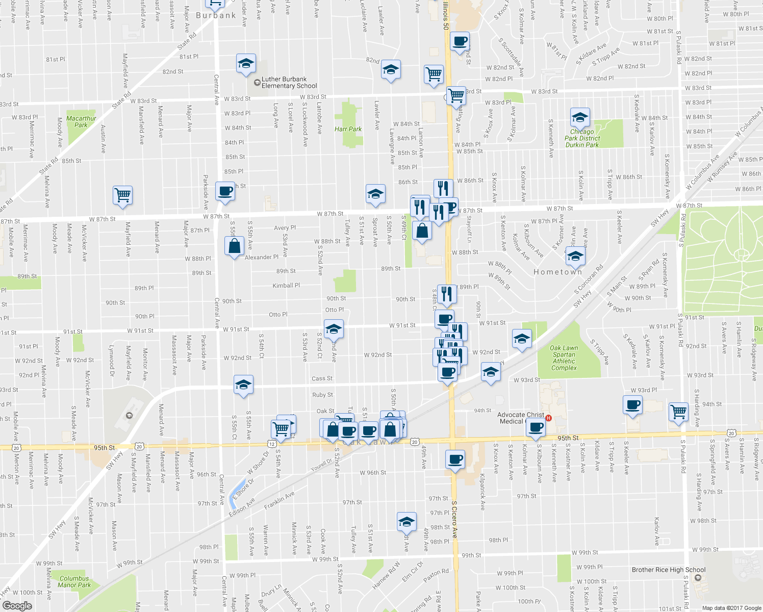 map of restaurants, bars, coffee shops, grocery stores, and more near 9013 Sproat Ave in Oak Lawn