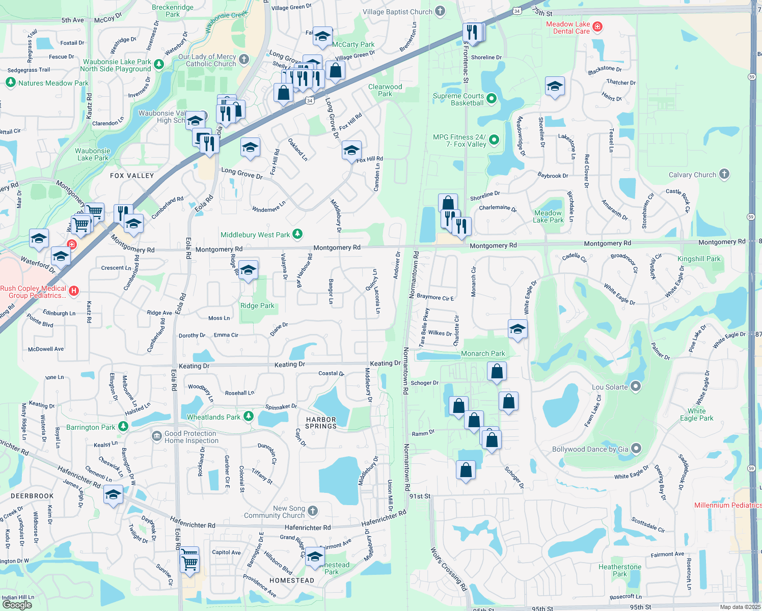 map of restaurants, bars, coffee shops, grocery stores, and more near 3124 Laconia Ln in Aurora