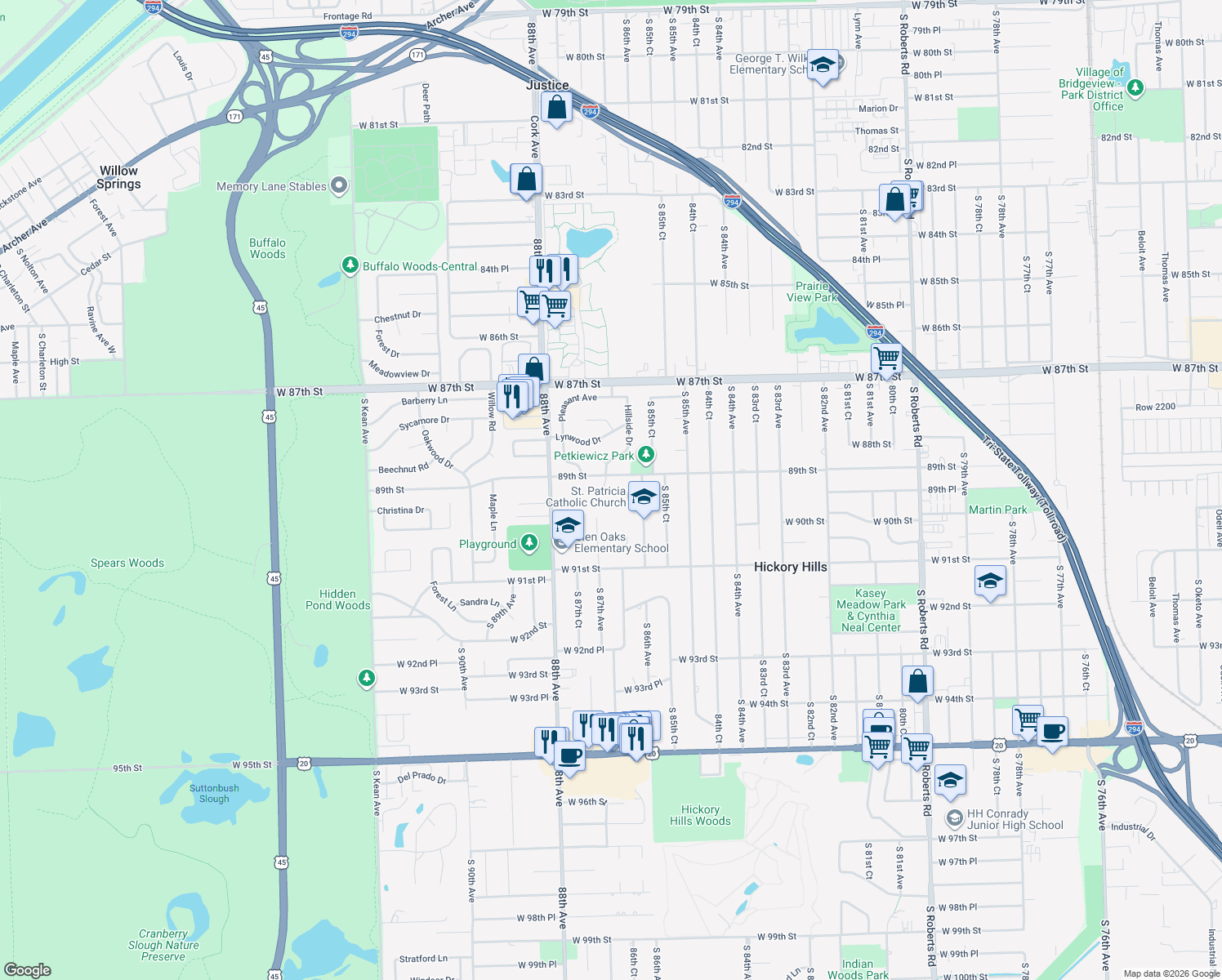 map of restaurants, bars, coffee shops, grocery stores, and more near 8921 Emerald Court in Hickory Hills