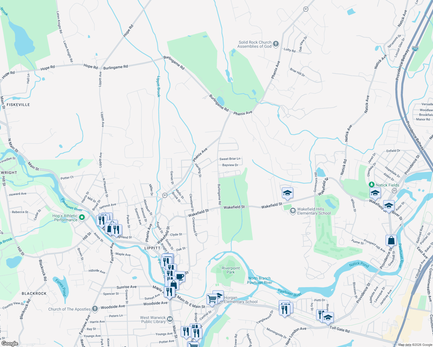 map of restaurants, bars, coffee shops, grocery stores, and more near 114 Burlingame Road in West Warwick