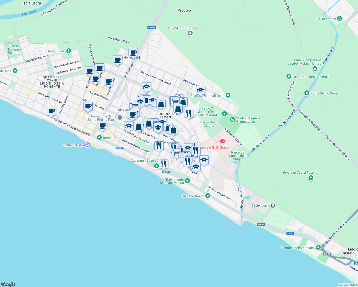 map of restaurants, bars, coffee shops, grocery stores, and more near 55 Viale Capitan Casella in Ostia (Rome)