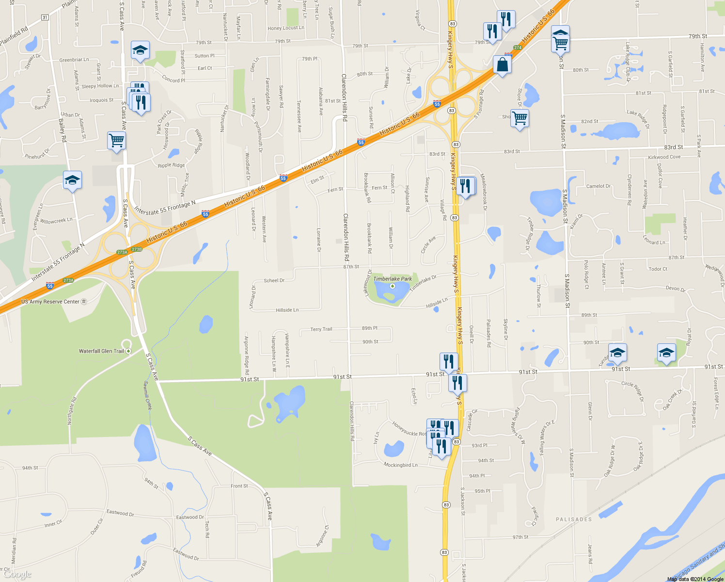 map of restaurants, bars, coffee shops, grocery stores, and more near 10S082 Lakewood Drive in Burr Ridge