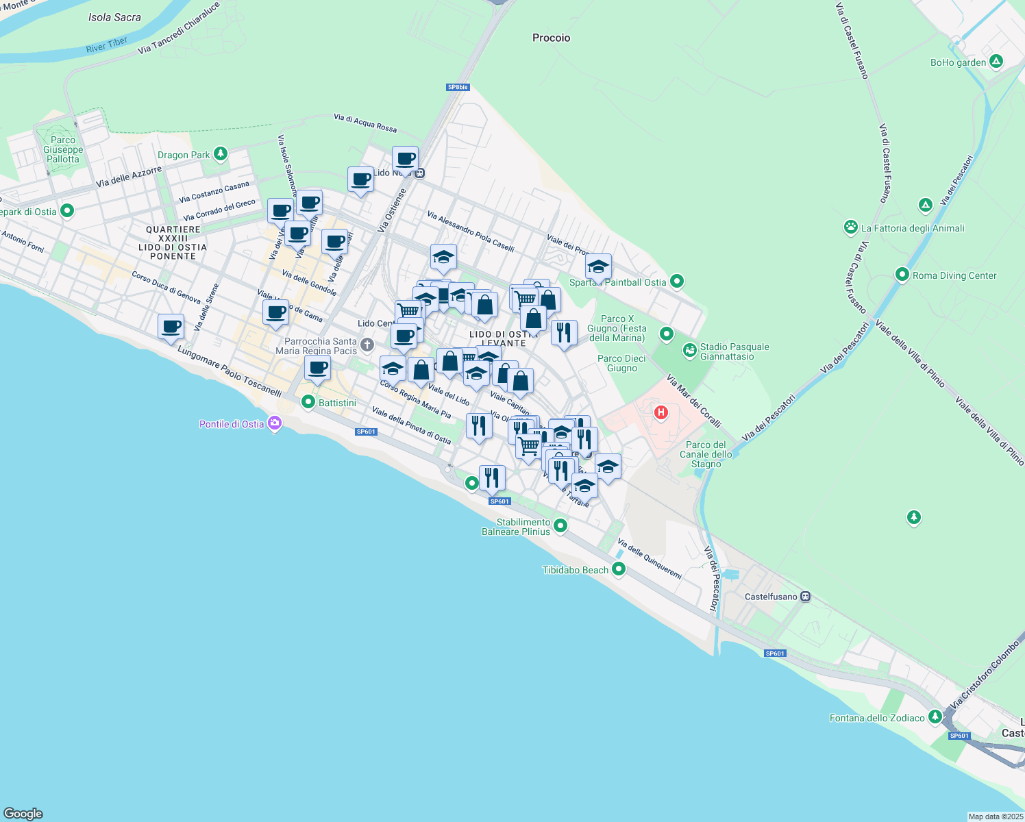 map of restaurants, bars, coffee shops, grocery stores, and more near Via Oletta in Lido di Ostia