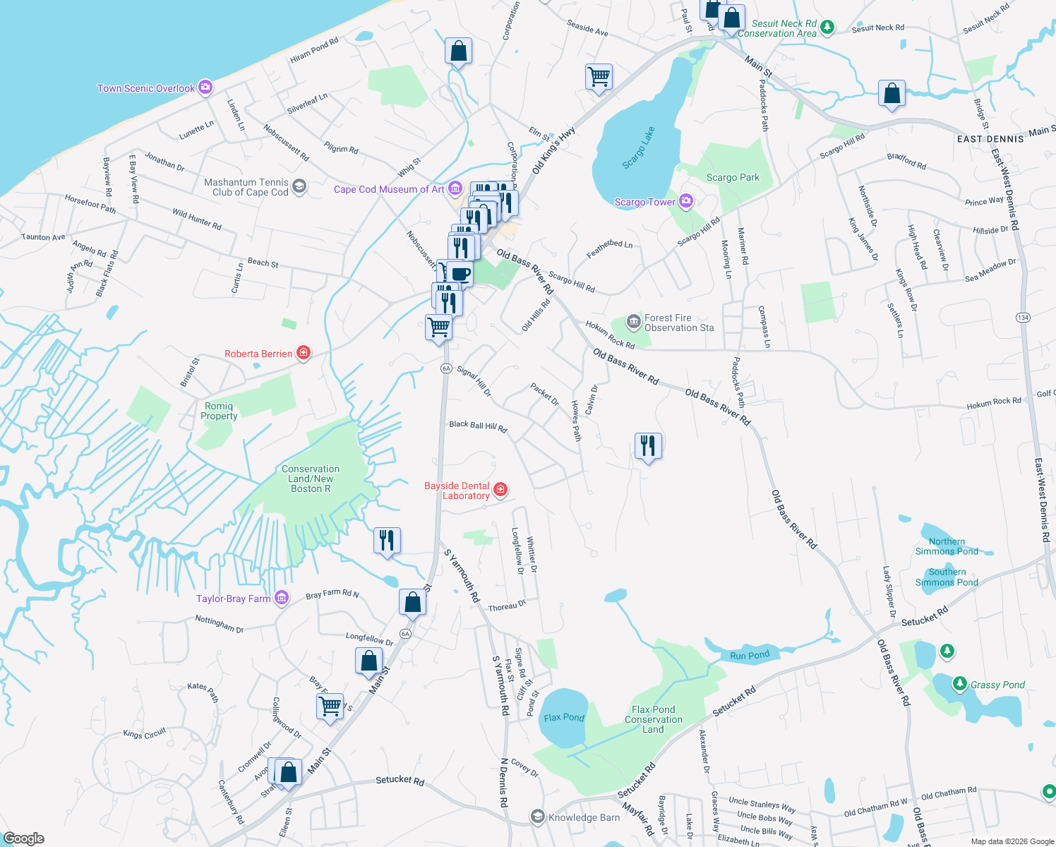 map of restaurants, bars, coffee shops, grocery stores, and more near 81 Signal Hill Drive in Dennis